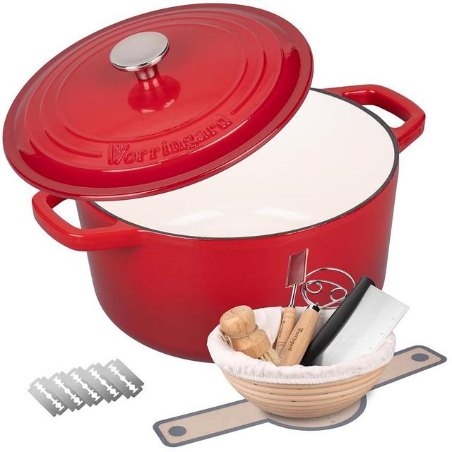 VORRINGARD Enameled Cast Iron Dutch Oven Pot with Lid, for Bread Baking, Round Bread Oven- include Sourdough Bread Baking Supplies Set, 6QT, Red