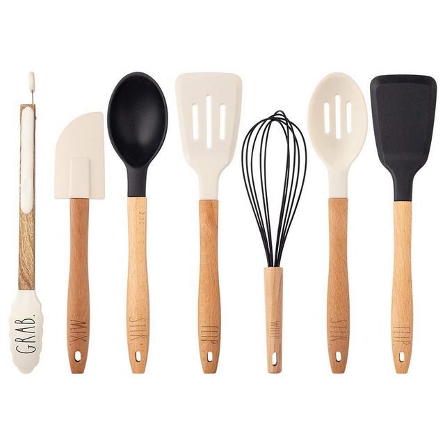 Rae Dunn Everyday Collection 7 Piece Kitchen Utensil Set, Stainless Steel and Silicone Kitchen Tools with Wooden Handles- by Cook with Color (Black and White)