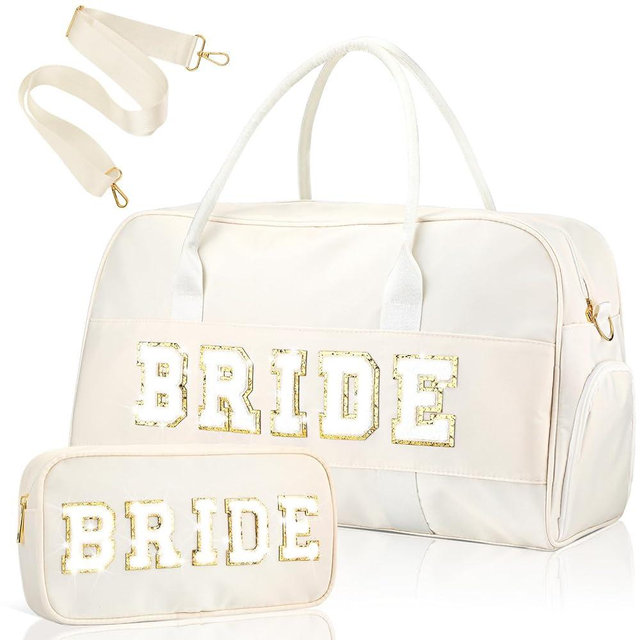 Bulyoou 2 Pcs Wedding Weekender Bag for Women Bride Travel Bag with Shoes Compartment Shoulder Bride Bag with Chenille Letter Patch Makeup Bag Bride Gift for Wedding Bridal Shower Engagement Honeymoon