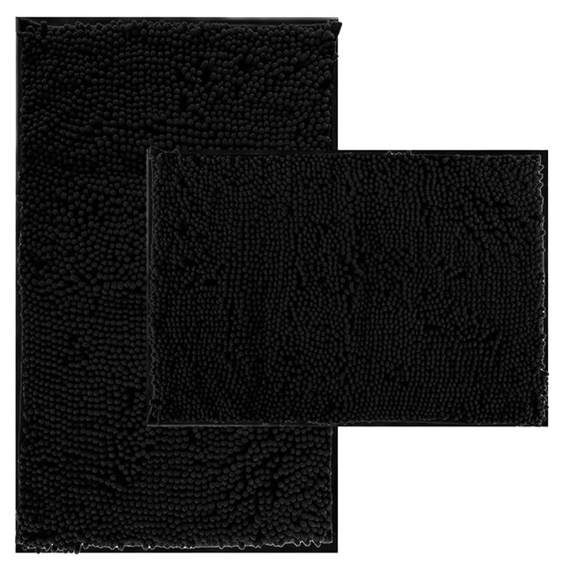 Bathroom Rugs Set 2 Piece Thick Chenille Bath Mats,Soft Quick Dry Bathroom Mats Plush Absorbent Bath Rugs With Non-Slip Pvc Backing, Rug for Bathtubs,Bathroom,Livingroom-32x20+24x16 Inch Black