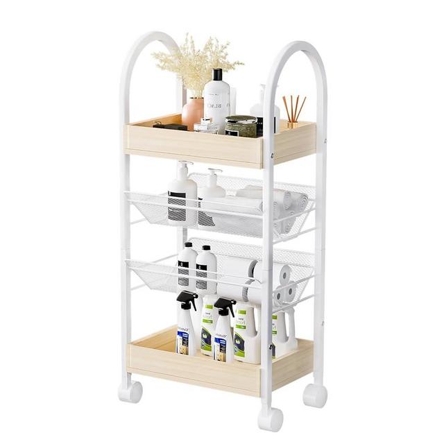 Small Kitchen Bathroom Organizer Cart - 4-Tier Narrow Rolling Cart Organizer with for Bookcase, Office,2 Metal Basket,2 Wooden Tray,Upgraded Version Arc Handle,9.5" D x 16.5" W x 28.5" H
