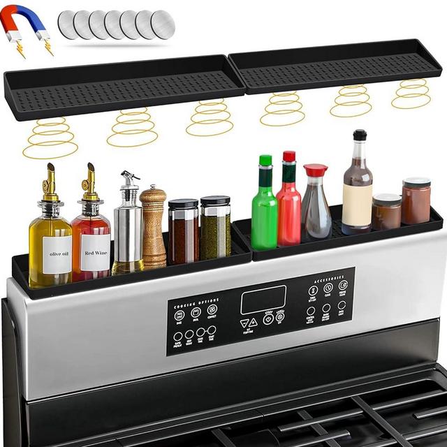 BFONS 30" Magnetic Stove Top Shelf Spice Rack Storage, Silicone Top Heat Material Stove Rack Shelf Flexible Seasoning Organizer Kitchen Shelves Gadgets with 2 Functional Prtitions for Kitchen （Black）