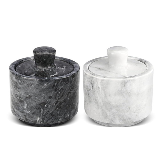 Flexzion Marble Salt Cellar with Lid, Multi-Purpose Container for Salt, Pepper, Paprika and Powdered Herbs, Box for Jewelry, Watches and Accessories (Set of 2, Black & White)