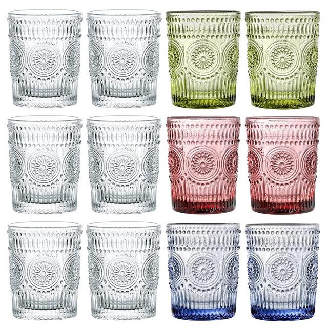Kingrol 12 Pack 9 Ounces Romantic Water Glasses, Premium Drinking Glasses Tumblers, Vintage Glassware Set for Juice, Beverages, Beer, Cocktail