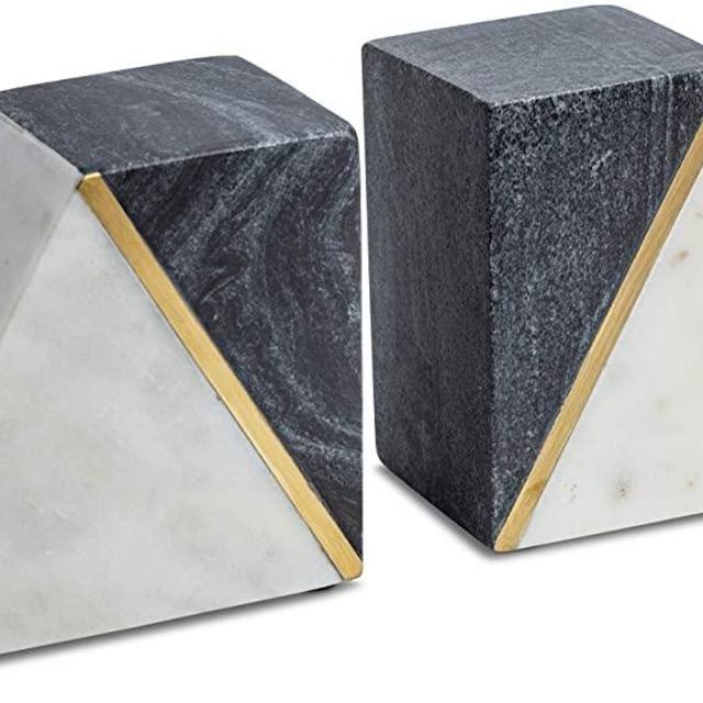 Cork & Mill Marble Bookends - Set of 2 Heavy Decorative Book Stoppers with Non-Skid Bottom - Handcrafted Solid Marble Bookshelf Decor (White/Grey + Brass)