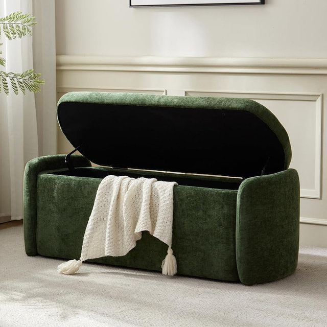 VKNOW 46" Oval Storage Ottoman Bench, Upholstered End of Bed Bench Ottomans Bench Foot Rest, Sherpa Storage Bench for Bedroom, Living Room and Hallway, Green
