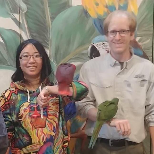 Here we are posing with birds that are not ours at the Bird Zoo in TN