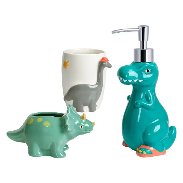 3pc Dinosaur Kids' Bath Set with Tumbler - Allure Home Creations: Kids Bathroom Accessories, Multicolor Ceramic Set