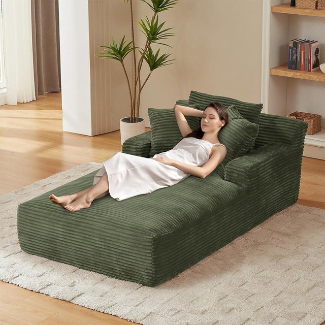 80 Inch Chaise Lounge Chair Indoor, Oversized Corduroy Upholstered Boneless Sofa Bed, Deep Seat Sleeper Couch Reading Chairs, Cloud Sofas Couches for Living Room, No Assembly Required (Olive Green)