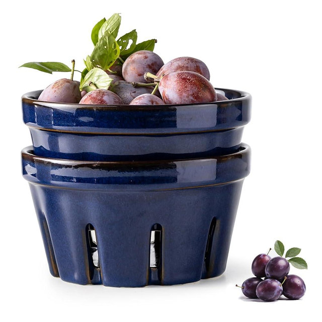 Gomakren Fruit Bowl with Holes, Ceramic Berry Basket Set of 2, 5.8 Inch Round Fruit Storage Containers, Strawberry Baskets, Farmhouse Kitchen Decor - Cobalt Blue