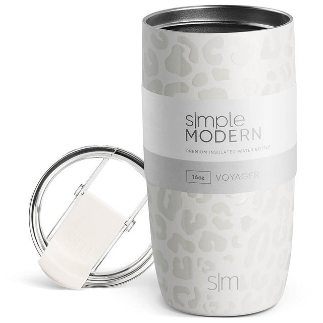 Simple Modern Travel Coffee Mug Tumbler with Flip Lid | Reusable Insulated Stainless Steel Cold Brew Iced Coffee Cup Thermos | Gifts for Women Men Him Her | Voyager Collection | 16oz | Cream Leopard