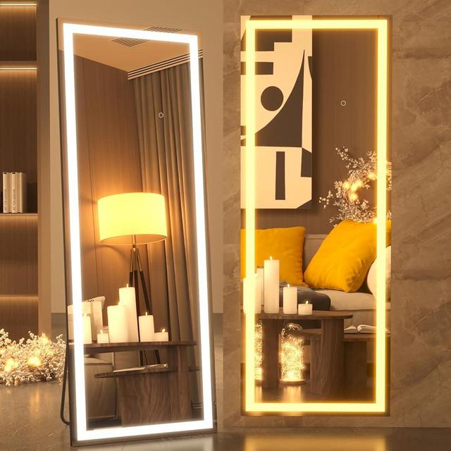 pertetey 67X20 Inch LED Full Length Mirror with Lights, Black Frame Lighted Floor Mirror, Dimmable & 3 Color Modes LED Full Body Dressing Standing Mirror, Stand and Wall Mounted Long Mirror