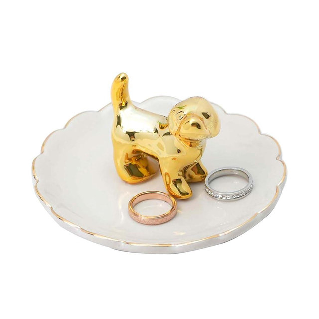 GISK Ceramic Dog Ring Holder with White Dish,Ring Dish Trinket Tray for Rings,Earrings,Jewelry Organizer,Gifts for Women (Dog-B)