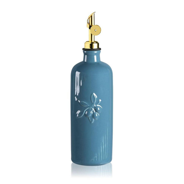 Sweejar Ceramic Olive Oil Dispenser Bottle for Kitchen Counter, 20 oz Oil Dispenser with Gold Spout, Avocado Oil Cruet for EVOO, Vinegar, Oil Container for Cooking, Pack of 1 (Fog Blue)