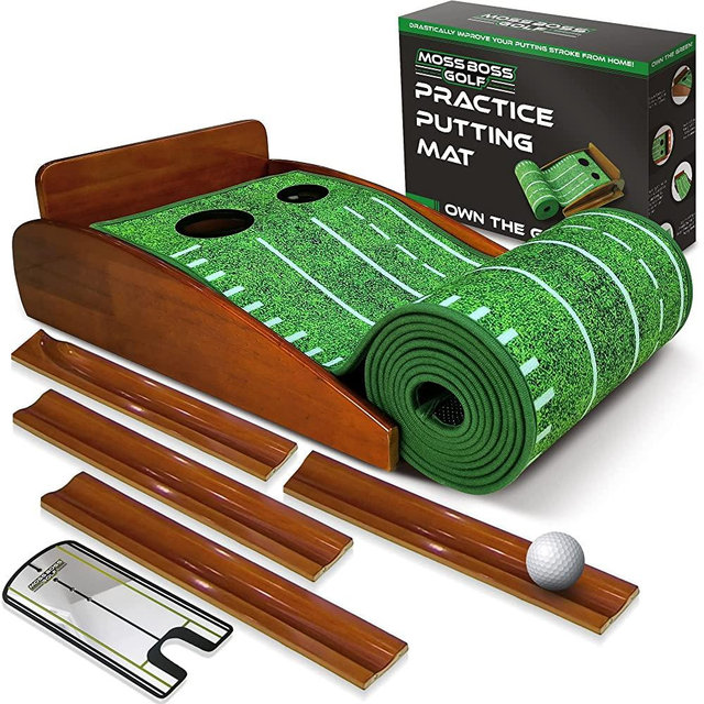 Moss Boss Golf Practice Putting Mat with Putting Mirror/Tutor - Indoor Golf Practice Putting Mat with Automatic Ball Return Track for Mini Games & Practicing at Home or in Office, Includes Putting Mirror, Great Gift for Golf Lovers