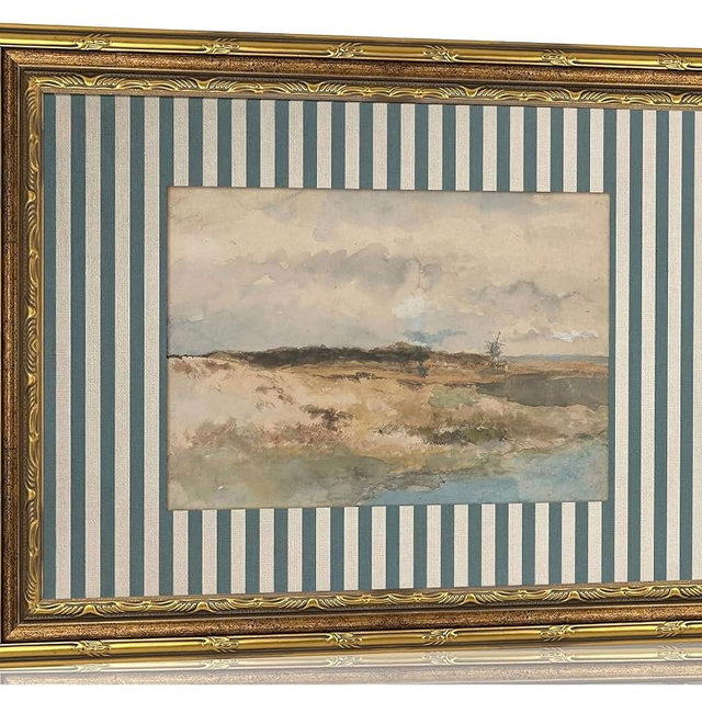Vintage Gold Framed Beach Landscape Canvas Wall Art Blue Striped Mat Grass Lake Wall Decor Picture Rustic Scenery Painting Print Poster for Living Room Bedroom Bathroom Home Decoration