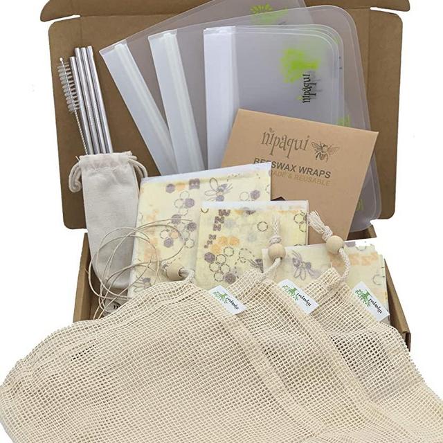 ZERO WASTE KIT - 17 PCS Eco Friendly Gift Set with Zero Waste Sustainable Products for the Home & Kitchen. Includes Reusable Products, Food Storage Bags, Beeswax Wraps, Mesh Produce Bags, and Straws.