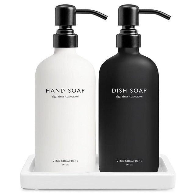 Vine Creations Glass Soap Dispenser Set, Kitchen Soap Dispenser Set with Ceramic Tray, 16 oz Dish Soap and Hand Soap Dispensers with Stainless Steel Pump Decor (White and Black Bottles/Matte Black)