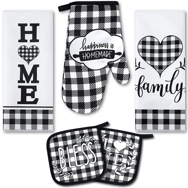 5 Pieces Farmhouse Buffalo Check Dish Towels Pot Holders Oven Mitts Set 2 Buffalo Plaid Kitchen Towels 1 Cooking Mittens Oven Glove 2 Potholders for Cooking Baking Grilling Supply, Black and White