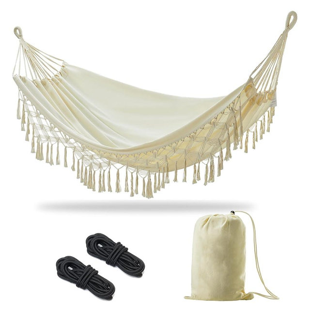 JoyView Boho Macrame Double Hammock with Hanging Ropes & Elegant Tassels 86.6x59 Portable Cotton Hammock for Patio Backyard Porch 450LBS Weight Capacity Perfect for Outdoor/Indoor - Beige Color