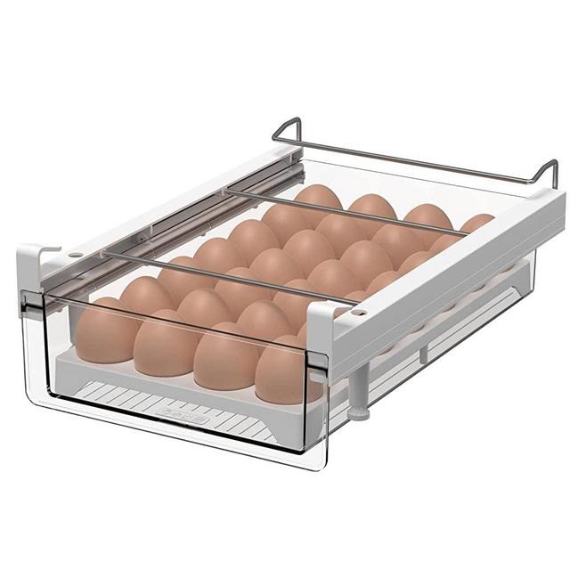 vacane Refrigerator Organizer Bins,Clear 28 Grid Egg Holder Tray for Refrigerator With Handle Pull Out Under Shelf Drawer For Cheese,Deli Meat,Drinks,Fruit,Vegetable,Heavy Duty-L With Egg Tray