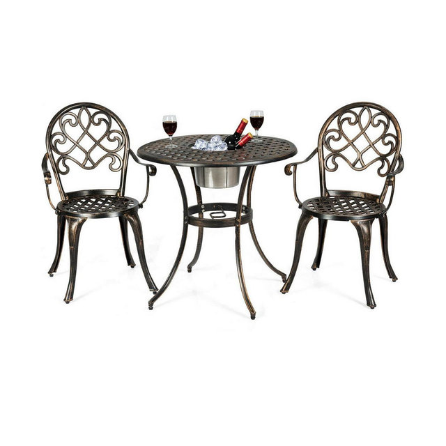 Costway 3 Pc Cast Aluminum Patio Bistro Set with Attached Removable Ice Bucket