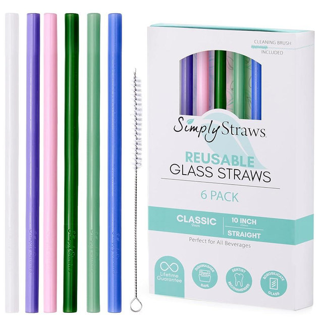 Simply Straws 10 Inch Glass Straws Straight (6-Pack) – Reusable Glass Straws for 24 Oz Mason Jars & Tumblers, with Cleaning Brush – Durable, Dishwasher Safe, Hot & Cold Use, BPA-Free (Cote d'Azur)