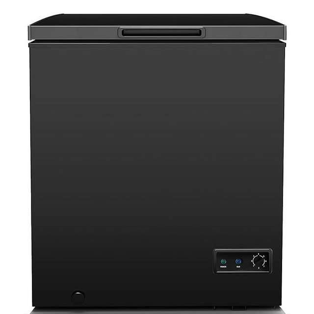 Chest Deep Freezer, 5 cu. Ft, Black Adjustable Thermostat-Removable Vinyl Coated Wire Basket-Easy Defrost Drain, Eye-Catching Stainless Steel Top Door- Garage Ready