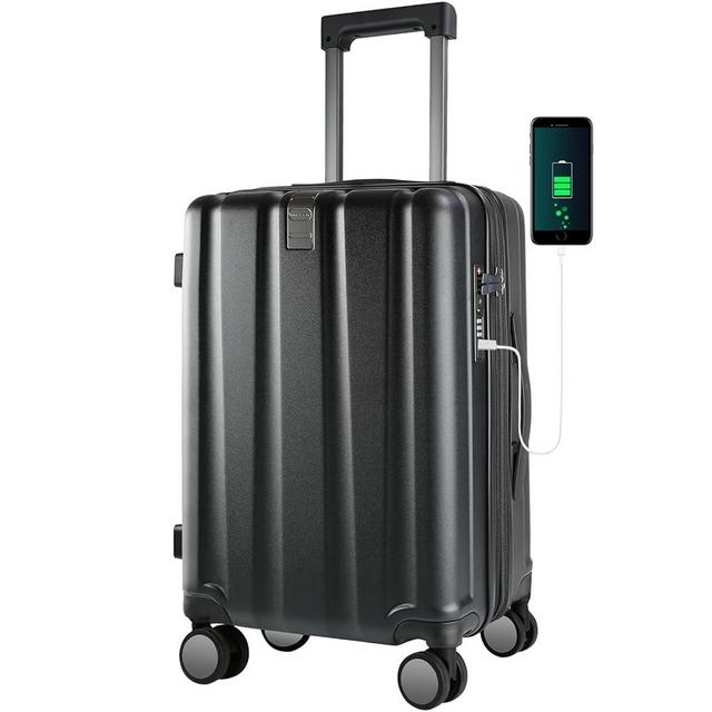 KROSER Hardside Expandable Carry On Luggage with Spinner Wheels & Built-in TSA Lock, Durable Suitcase Rolling Luggage with USB Port, Carry-On 20-Inch, Black