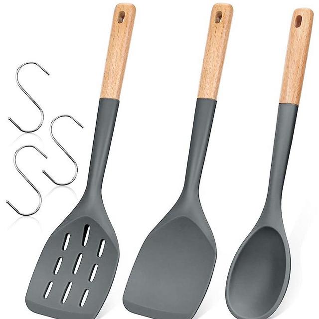 Pack of 3 Silicone Spatula, Non Stick Cooking Utensil Set Wooden Handle Kitchen Turner for Baking Mixing Grilling Serving Food Heat Resistant Non Scratch Hooks Included (Grey)