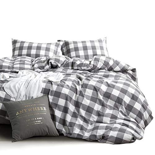 Wake In Cloud - Washed Cotton Duvet Cover Set, Buffalo Check Gingham Plaid Geometric Checker Pattern Printed in Gray Grey and White, 100% Cotton Bedding, with Zipper Closure (3pcs, King Size)