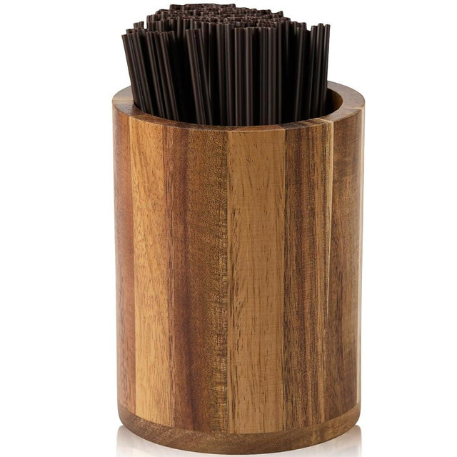 THORNIA Acacia Wood Coffee Straw Holder Set with 100 Disposable Straws, Wooden Bar Accessories for Milk Cocktail Tea Drinks Stirrer Stir Sticks, Organizer for Station Countertop