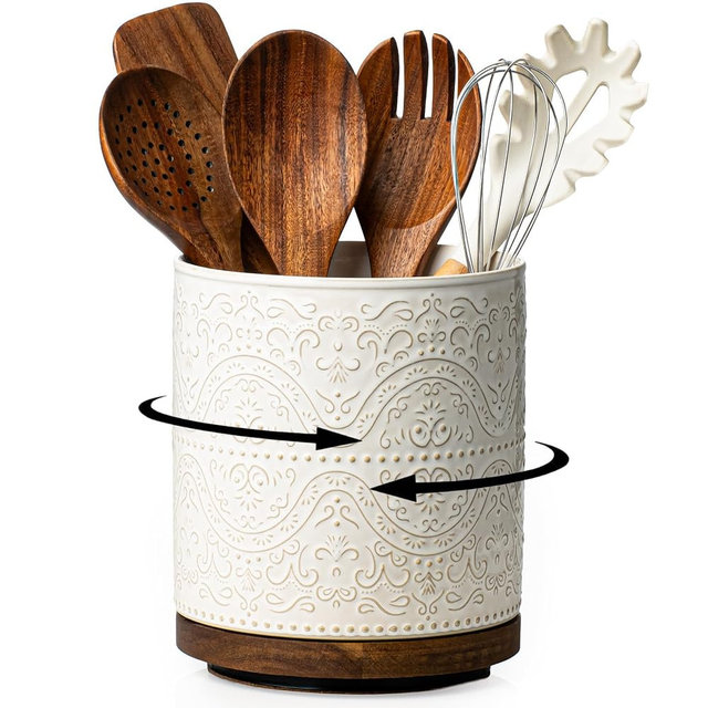 MIKIGEY Kitchen Utensil Holder, 360° Rotating Extra Large Ceramic Utensil Holder with Embossed Pattern, 7.3” Cooking Utensil Crocks for Kitchen Countertop, Home Decor, Off-White, Lace Pattern