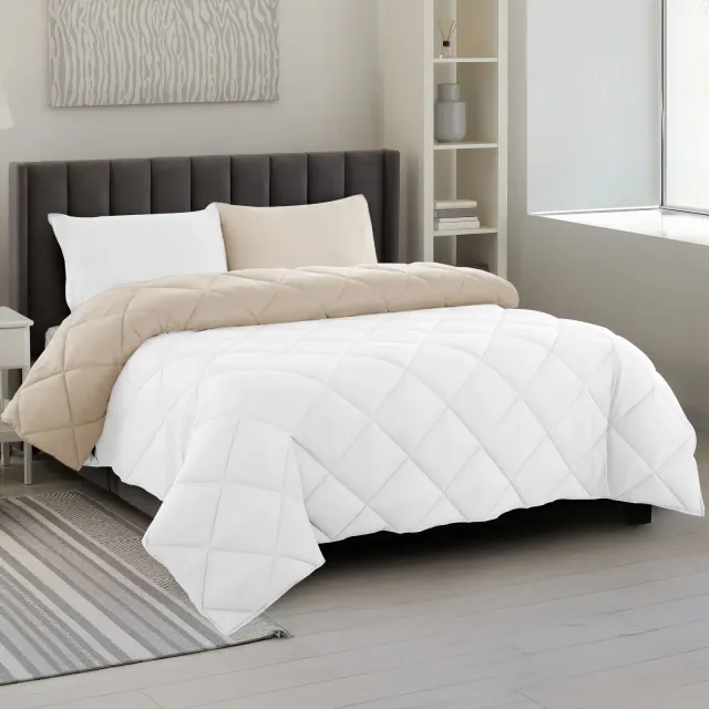 Lux Decor Reversible Comforter Set 3PC King Size Solid Colors Comforter with Pillowcases Easy Care Ultra Soft Bedding- White/Beige
