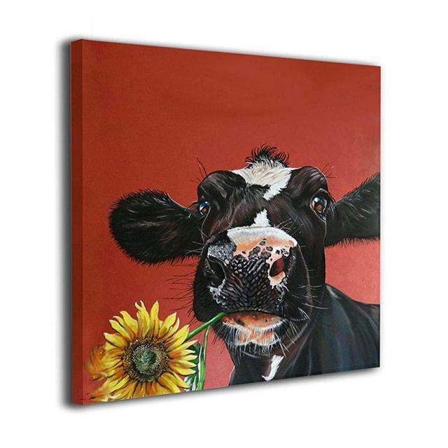 Kingsleyton Farm Cow Sunflower Giclee Painting On Canvas Posters Prints Pictures Wall Art Living Room Home Decor Wooden Framed Stretched Ready to Hang 20"x20"