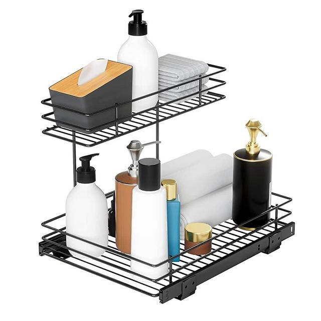 G-TING Pull Out Cabinet Organizer, Under Sink Slide Out Storage Shelf with 2 Tier Sliding Wire Drawer - 12.6W x 16.53D x 12.99H - Request at Least 13 Inch Cabinet Opening(Black)