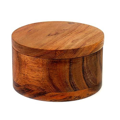 Kaizen Casa Acacia Wood Salt or Spice Box with Swivel Cover perfect for keeping table salt, gourmet salts, herbs or favorite seasonings, close at hand on your countertop.