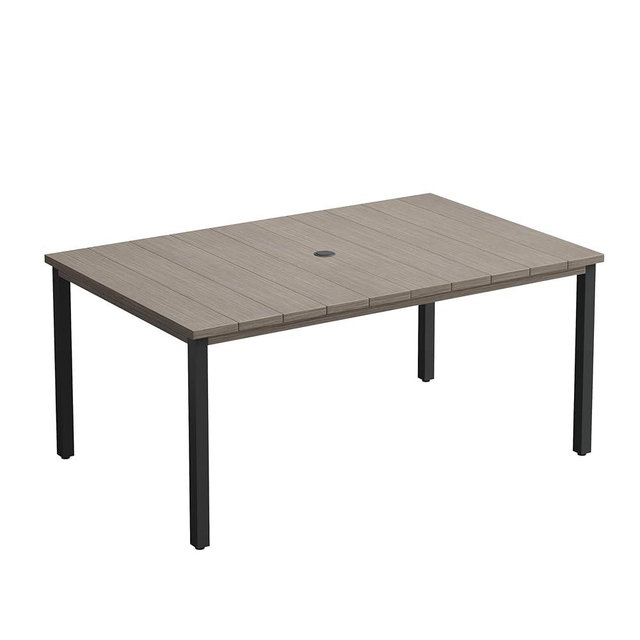 VICLLAX 63" Rectangle Patio Dining Table for 6, Outdoor Dining Table with Umbrella Hole, All Weather 6 Person Metal Patio Table for Lawn Garden, Grey Wood-Like Tabletop