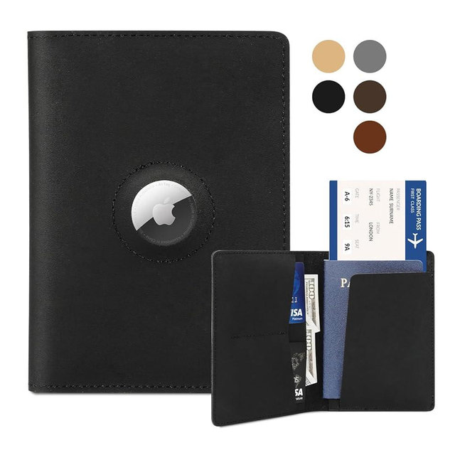 Airtag Passport Holder for Men and Women Travel, Real Leather Passport Wallet, Handmade Passport Cover Case with Airtag Slot, Travel Must Haves Essentials Accessories Birthday Gifts(Crazy Horse,Black)