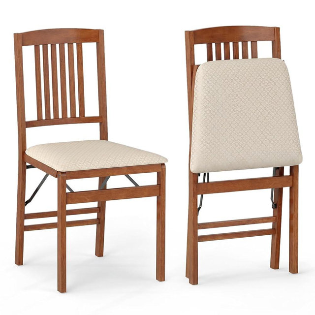 Giantex Folding Dining Chairs Set of 2, Foldable Wood Kitchen Chairs with Padded Seat, Max Load 420 Lbs, No Assembly, Wooden Dining Room Chair, Armless Side Chair for Home Apartment, Fruitwood & Beige