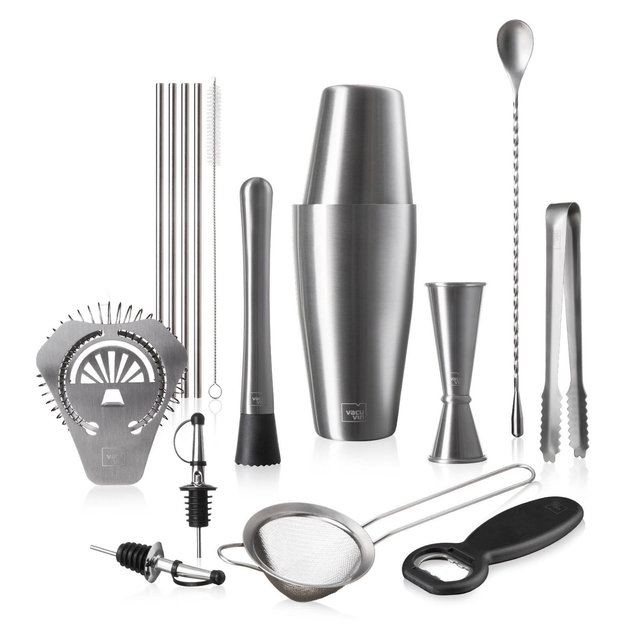 Vacu Vin 14pc Bareware Box: Stainless Steel & Silicone Barware Set, Spot Clean, Silver, 14 Pieces
