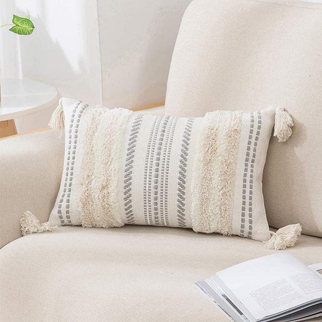 Boho Lumbar Decorative Throw Pillow Covers for Bed Bedroom Neutral Accent Cushion Cover Tufted Woven Pillow Case, 12x20, Beige