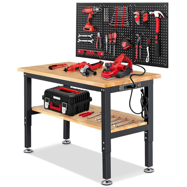 ENJOYWOOD Adjustable Height Work Bench 48 x 20 Workbench for Garage Work Table with Under Table Shelf for Shop Woodworking, Heavy Duty Rubber Wood Top for Office, Home, Commercial
