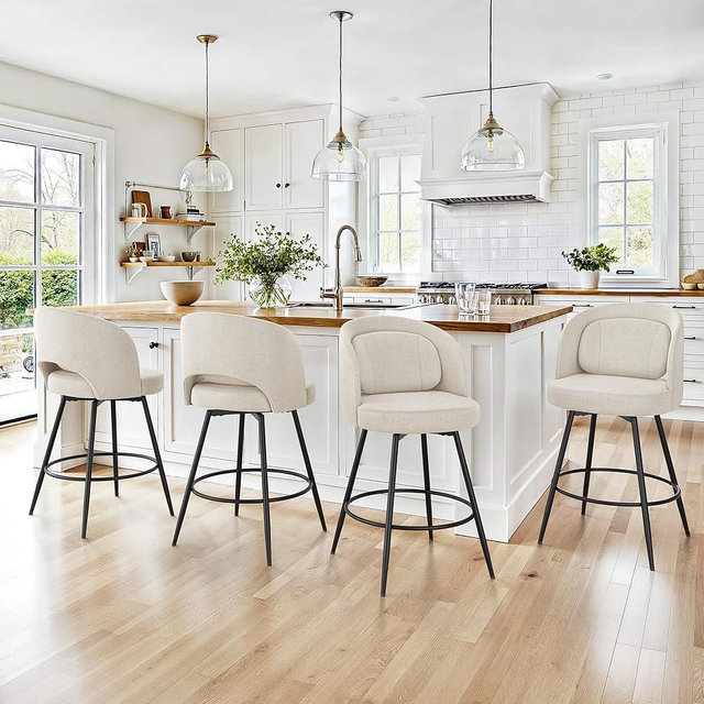 LUE BONA 26''H Swivel Bar Stools Set of 4, Counter Height Bar Stools with Backs, Lumbar Pillow and Black Metal Frames, Upholstered Morden Barstools for Kitchen Island, Linen Farbic, Linen Color
