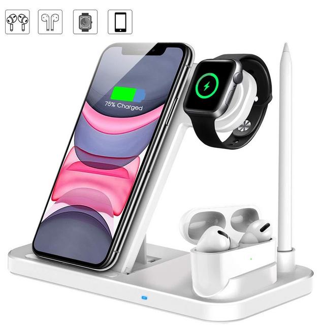 Wireless Charger, QI-EU 4 in 1 Qi-Certified 10W Fast Charging Station Compatible Apple Watch Airpods iPhone 11/11pro/X/XS/XR/Xs Max/8/8 Plus, Wireless Charging Stand Compatible Samsung Galaxy