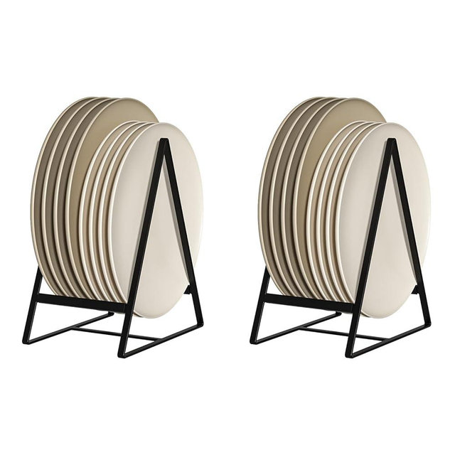 Hikinlichi 2 Pack Triangle Plate Holders Organizers Large Upright Cabinet Dish Drying Racks Metal Plate Dish Organizers Racks Stands for Countertop and Cupboard Black