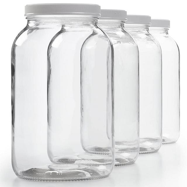 4 Pack - 1 Gallon Glass Jar w/Plastic Airtight Lid, Muslin Cloth, Rubber Band - Wide Mouth Easy Clean - BPA Free & Dishwasher Safe - Kombucha, Kefir, Canning, Sun Tea, Fermentation, Food Storage