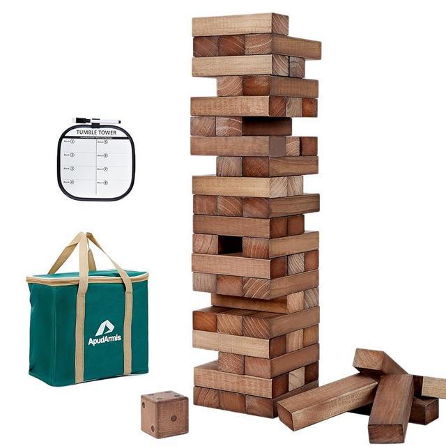 ApudArmis 54 PCS Tumble Timber Set Stack to 3FT, Pine Wooden Tumble Tower Game with Dice and Scoreboard Set - Classic Block Stacking Board Game for Teens Children Teenagers (Brown)