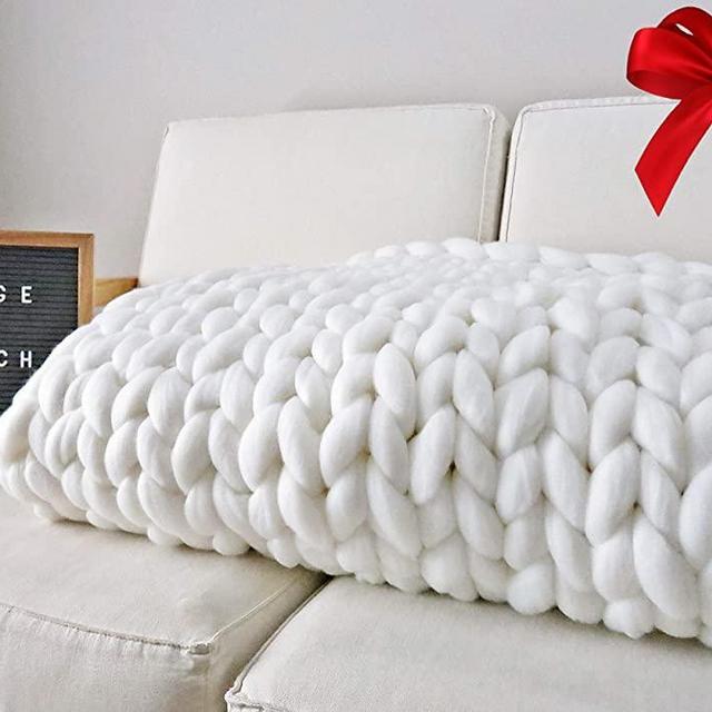 Hygge & Cwtch Chunky Knit Blanket Farm House Bulky Heavy Throw | Hand Knitted Home Decor Accent for Farmhouse Sofa Couch Bench Bed (50"x60" White) for Her