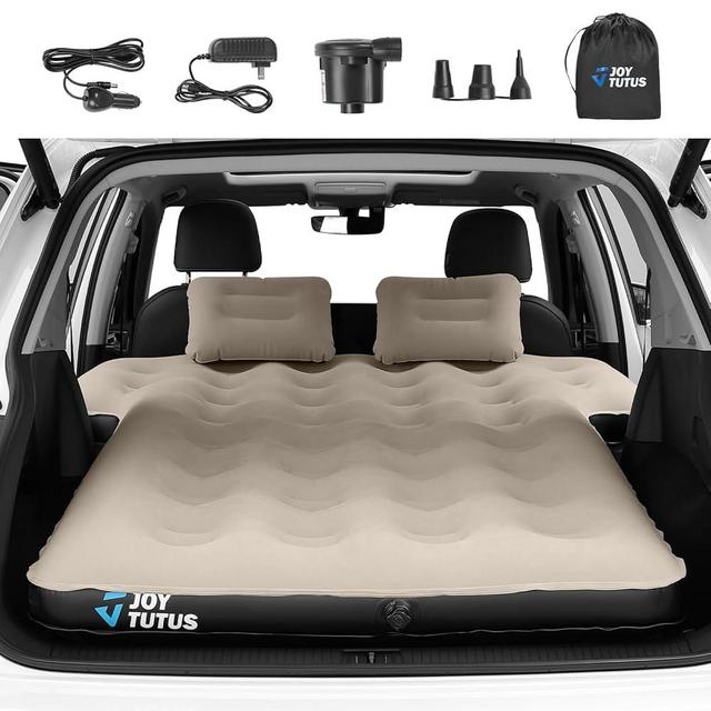 JOYTUTUS SUV Air Mattress for Car Camping, Upgraded Flocking and Extra Thick Oxford Surface Car Air Mattress, SUV Camping Tent Accessories with 2-in-1 Air Pump, 2 Pillows & Carry Bag (Camel)